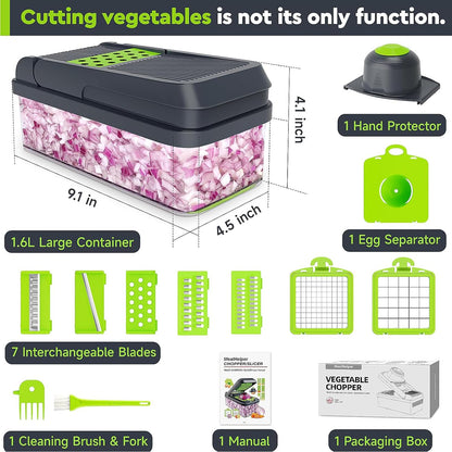 MealHelper 12-in-1 Vegetable Chopper, 7 Blade Veggie Chopper, Practical Food Chopper with Container, Cheese Grater, Home Essentials & Kitchen Gadgets(Green/Grey)
