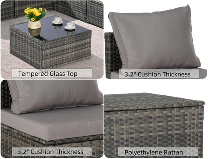 KEIKI 6Pcs Outdoor Patio Sectional Couch Sofa Conversation Furniture Sets with Chair, Storage Corner Cabinet, Glass Top Coffee Table & Cushion, Wicker Woven Seating for Backyard Lawn