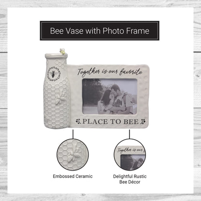 youngs Inc Ceramic Bee Vase w/Photo Frame, White, Black, 11.25" Length x 3.00" Width x 8.00" Height