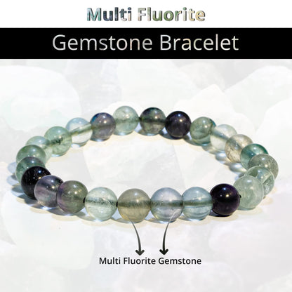 ANAYA AGATE Rainbow Fluorite Bracelet, Healing Crystal Bracelet for Women and Men, 8mm Round Beaded Bracelet for Spiritual Healing, Protection, Positive Energy, Elastic Adjustable Size Gemstone Bead Bracelet
