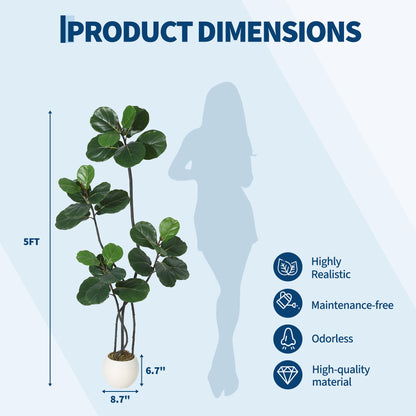 GarveeHome 5FT Artificial Ficus Lyrata Tree, Bendable Boughs, Modern White Pot Included, Perfect for Home Office Living Room Decor Indoor, Tall Artificial Tree for Housewarming Gift