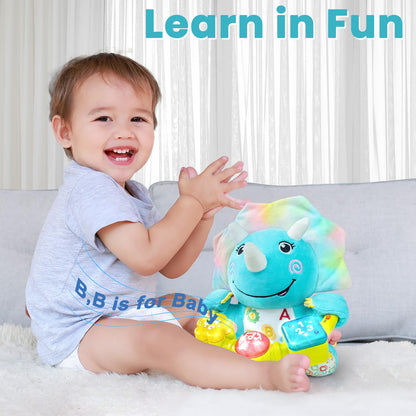 Holaxander Baby Dino Musical Stuffed Animals Toy with Light-Up Music & Crinkle Sound Paper,Infant Bilingual Early Learning Education Toys,Tummy Time Toys for 0-3-6-12+ Months Boy Girl