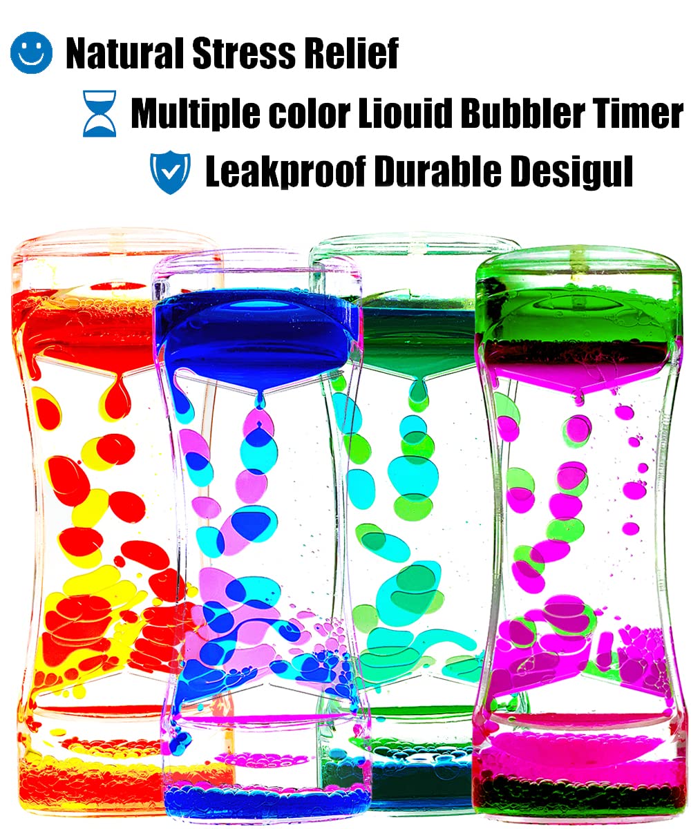 FKYTION Liquid Motion Bubbler Timer Pack of 4 Colorful Hourglass Liquid Bubbler ADHD Fidget Sensory Toys for Kids, Teenagers, Adults