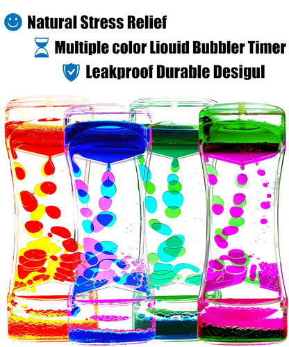 FKYTION Liquid Motion Bubbler Timer Pack of 4 Colorful Hourglass Liquid Bubbler ADHD Fidget Sensory Toys for Kids, Teenagers, Adults