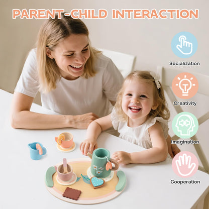KDSFT Tea Party Set for Little Girls, Wooden Kids Tea Set with Teapot Cups Coasters Carrying Dessert, Picnic Outdoor Toys Pretend Play Kitchen Accessories for 3 4 5 Years Old
