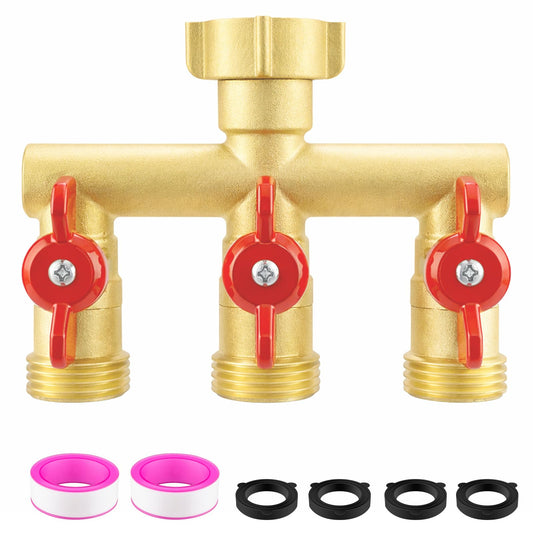 Cekwiet 3 Way Garden Hose Splitter Heavy Duty Brass, Full Flow Outdoor Faucet Hose Splitter with 3 Shut Off Valves, 3/4" GHT Metal Hose Connector for Garden, Lawn Irrigation, Yard Watering Etc