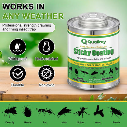Qualirey 1 Pack Tangle Trap Sticky Coating with Brush, Insect Barrier Outdoor DIY Adhesive Traps Coating Lanternfly, Deerflies,for Gardens, Orchards and Around The Home to Protect Trees Plants (17 oz)