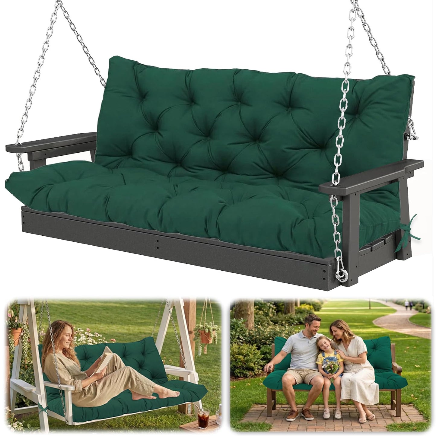 HZODJBH Waterproof Porch Swing Cushion Replacement, Thick 2–3 Seat Swing Seat Cushion with Backrest & Ties, Outdoor Bench Cushion for Patio Garden Porch Furniture (Dark Green, 60 x 40in)