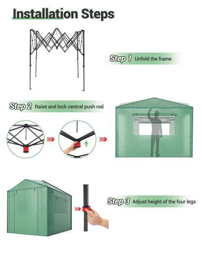 8x12 FT Pop-Up Greenhouse with Durable PE Cover, 96"x144" Large Grow Tent for All Seasons | Features Zippered Doors & Mesh Windows for Indoor/Outdoor Plants, Easy to Assemble (Green)
