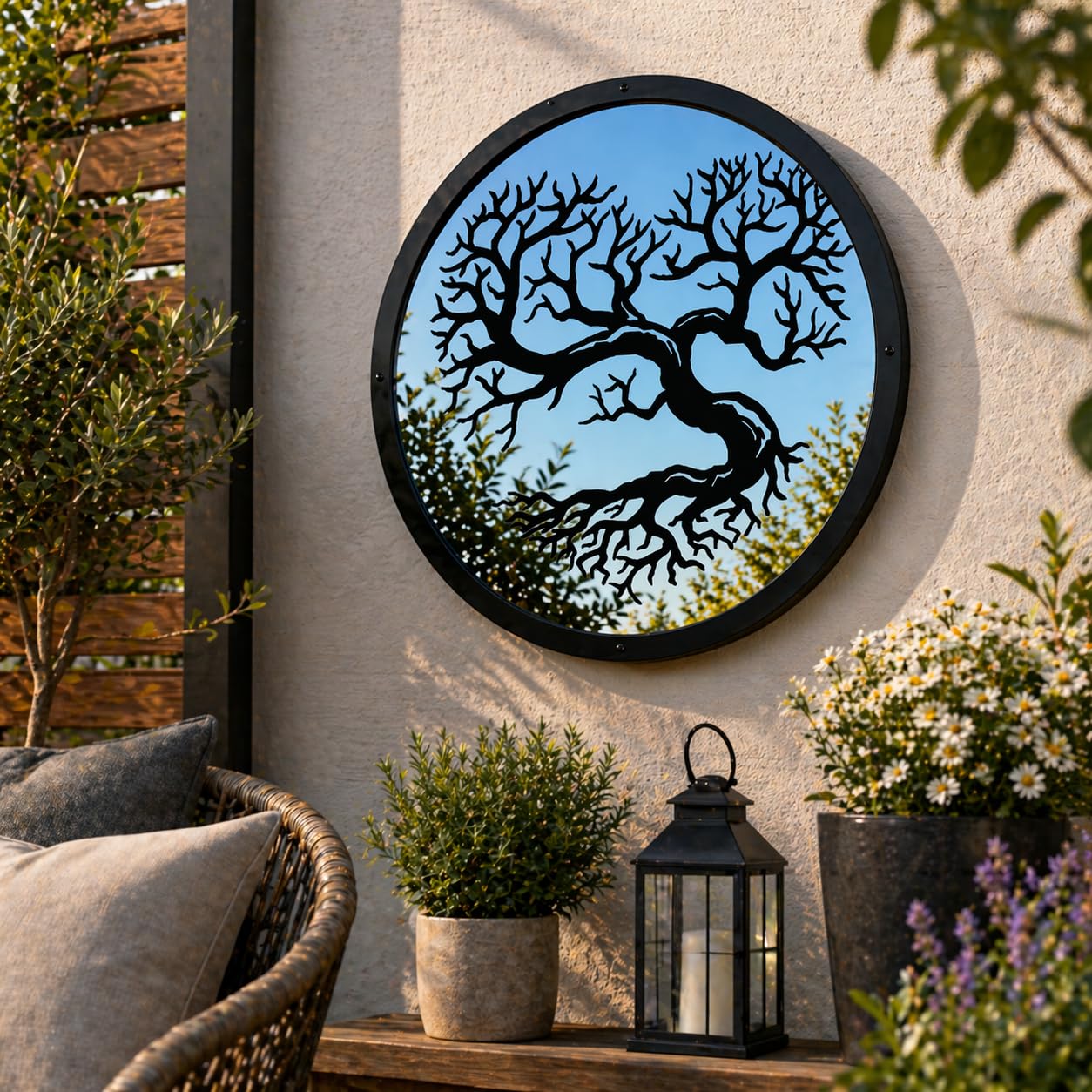 Sun Catcher Garden Decor Heart Shaped Garden Mirror Range of Sizes Round Framed Mirror Outside Rust Resistant Acrylic Fixings Included Gift (42cm / 16.5 inch)