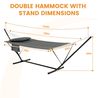Lazy Daze Hammocks 2 Person Portable Hammock with 12FT Stand for Outside, 10.5FT Quilted Double Hammock with Spreader Bar and Detachable Pillow, 450lbs Capacity for Outdoor Patio, Grey