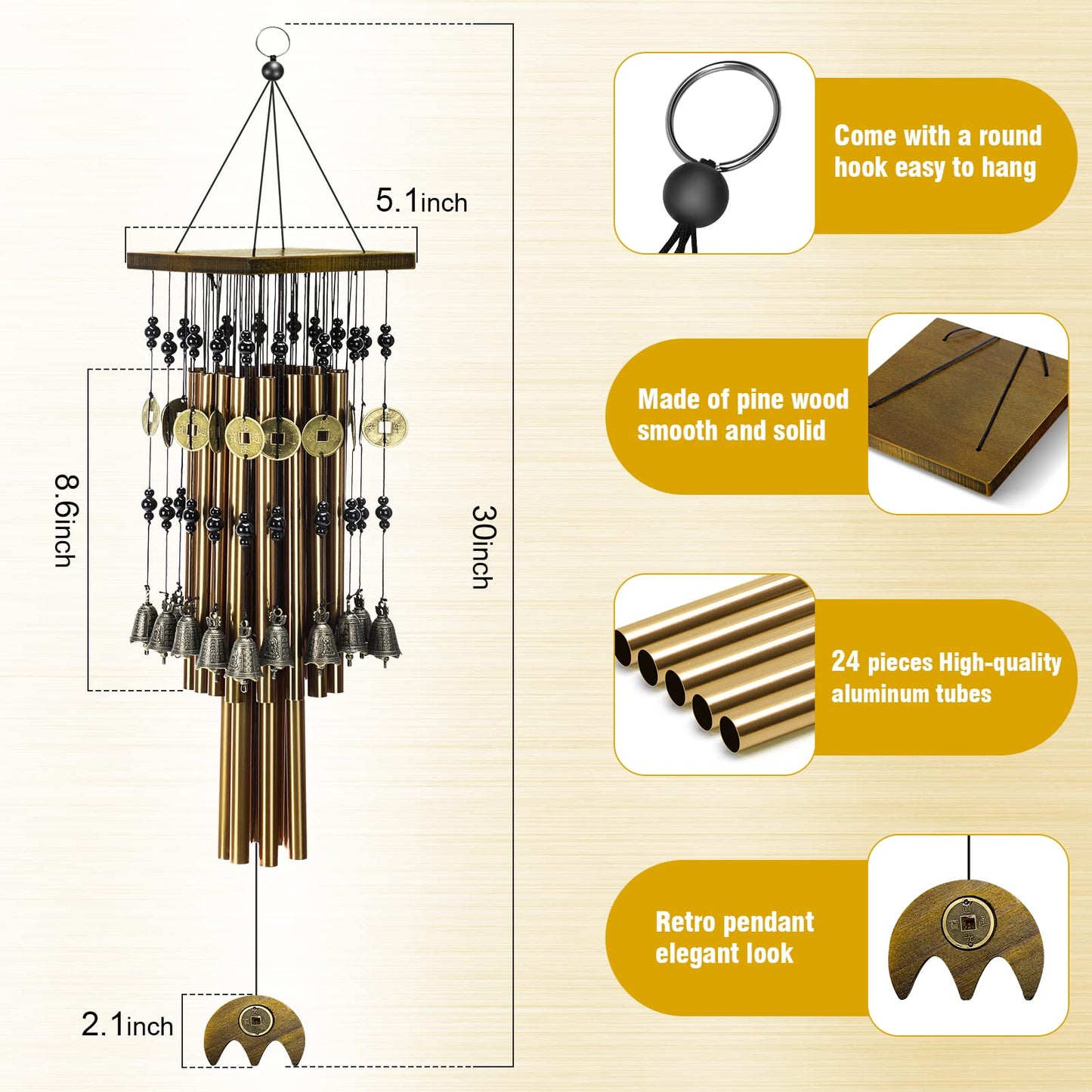 YLYYCC Wind Chimes for Outside, 30"Memorial Wind Chimes with 24 Copper Tubes and 16 Copper Bell for Garden,Patio,Window Wind Chime Hanging Decoration,Bronze Memorial Sympathy Wind Chime Gifts for Mom