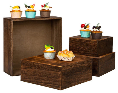 VDEHOM Vintage Brown Square Wooden Cake Stands For Display,Set Of 4 Wood Cupcake Stands Risers, 12 Inches Rustic Wood Crates For Wedding Cake Display, (Vintage Brown)