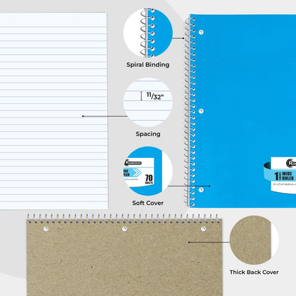 Rosmonde 50 Pack, 1 Subject Spiral Notebook Wide Ruled Bulk, 140 Pages (70 Sheets), Thick No-Bleed Paper, 8 x 10-1/2", 3 Hole Punched, 1 Subject Spiral Notebook Bulk, Bulk Subject Notebook