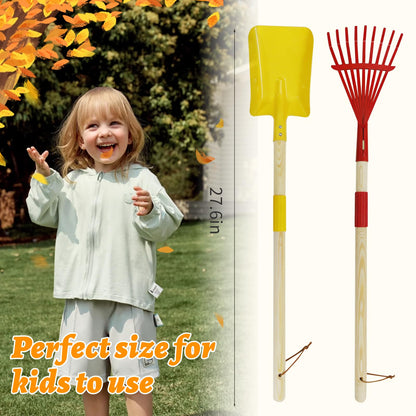 2 Pcs Kids Rake and Shovel Set,28" Toddler Size Metal Snow Shovel & Leaves Rake with Wooden Handle,Real Gardening Tools for Child Age 3 for Little Helpers in Winter Yard Fun