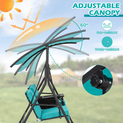 Tangkula 2 Person Porch Swing, Pivot Storage Table, Cooler Bag, 2 Cup Holders, Removable Cushions, Outdoor Patio Swing with Canopy for Backyard Balcony Poolside (Turquoise)