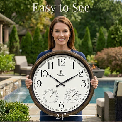 Outdoor Clocks for Patio Large Waterproof with Thermometer - 24 inch Indoor Outdoor Wall Clock with Temperature and Humidity Combo - Weatherproof, Accurate & Easy to Read for Pool, Garden & Home Decor