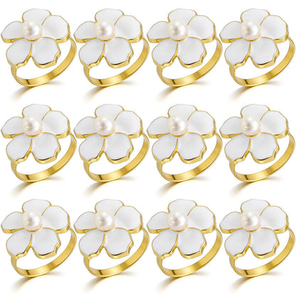 BEAVOING White Flower Napkin Rings Set of 12, Holiday Gold Peal Napkin Ring Holders for Dinner Setting Decoration, Wedding, Baby Shower,Easter, Thanksgiving, Christmas, Party