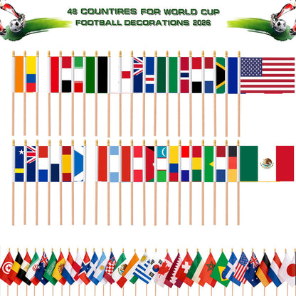 AhfuLife 48 Countries Wooden Handheld Flags on Stick for World Cup Decorations, 48PCS Double Sides Fabric Handheld Small Flags Banner with 11.8in Pole for Soccer Olympic Party 2026 Garden Street Decorations