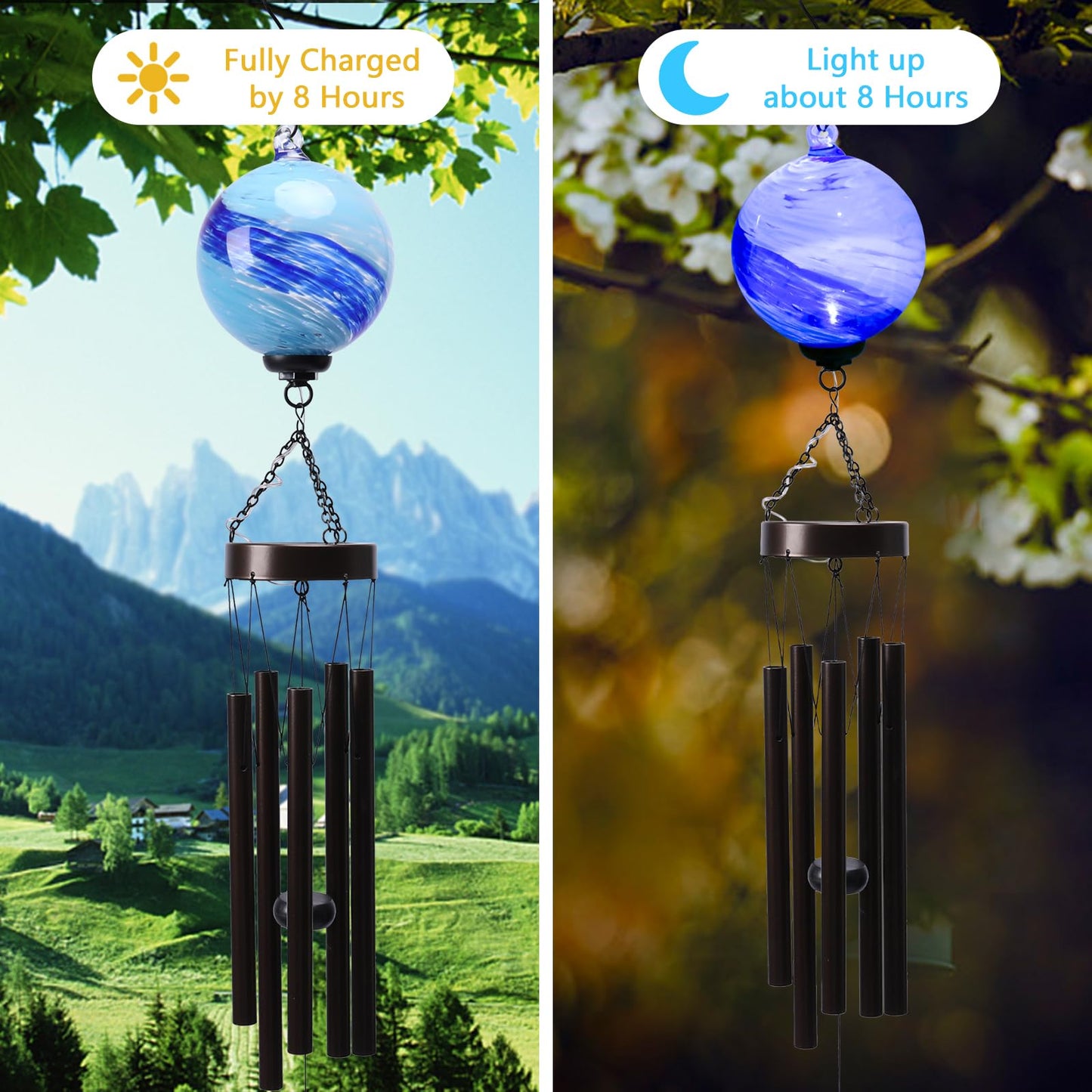 Taman Solar Wind Chime - 35" Glass Solar Lights Wind Chimes Valentine's Day Gift for Outside Deep Tone Decorative Memorial Gift for Home, Outdoor, Yard, Patio, Balcony, Garden Decor