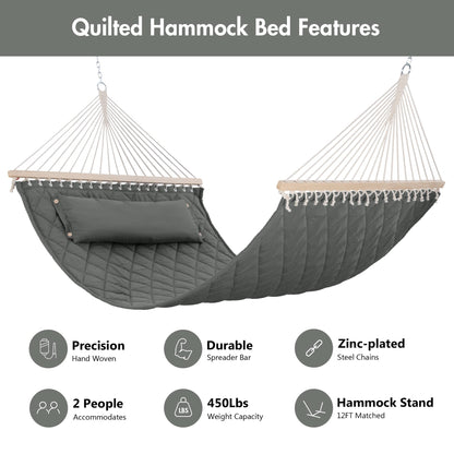 ANOW 2 Person Hammock with Spreader Bars and Detachable Pillow, Quilted Hammock for Outdoors Indoors, 450 LBS Weight Capacity, Gray