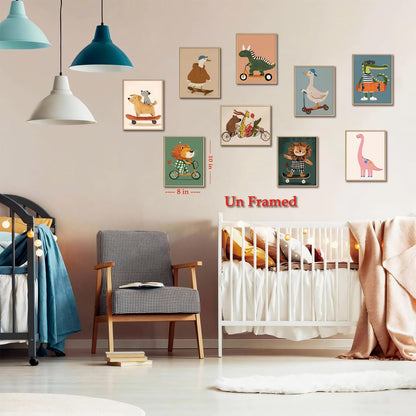 SAMHOU Kids Room Wall Art Set of 9, Funny Cute Cartoon Animal Canvas Prints, Nursery Wall Decor Paintings for Boys Girls Bedroom Baby Room Playroom Classroom Decoration 8x10 Inch Unframed