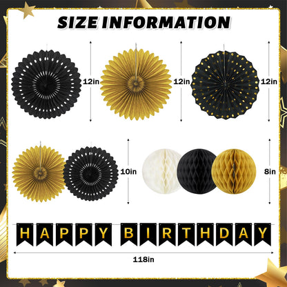 Black and Gold Party Decorations, 13Pcs Hanging Paper Fans Star Foil Curtains Happy Birthday Banner & Honeycomb Balls for Graduation Decorations 2026 and Birthday Party Supplies