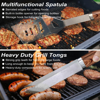 POLIGO 22PCS Heavy Duty BBQ Grill Accessories Set, Non-Slip Grill Tools for Outdoor Grill Set Stainless Steel Grill Utensils Set, Deluxe Grilling Tools Set in Aluminum Case Ideal Gifts for Men Brown