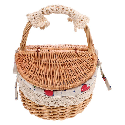 Wicker Picnic Basket with Handle and Lid: Small Handheld Rattan Woven Easter Eggs Collecting Storage Basket for Eggs Fruit Vegetable Picnic Camping and Kitchen Decor 10.23 X 9.44 X 7.28 Inches