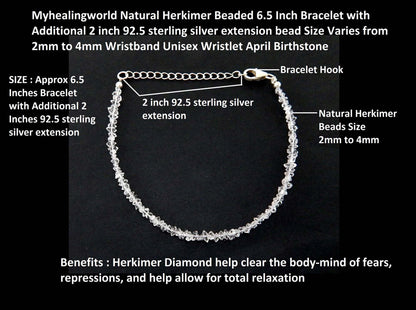 Myhealingworld Natural Herkimer Beaded 6.5 Inch Bracelet with Additional 2 inch 92.5 sterling silver extension bead Size Varies from 2mm to 4mm Wristband Unisex Wristlet April Birthstone