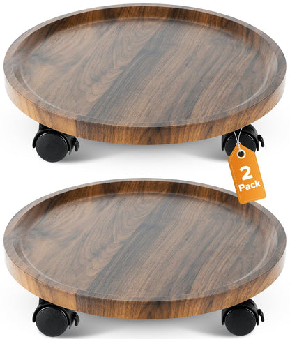 AZADESJET 2 Pack Plant Caddy with Wheels, 14" Wood Rolling Plant Stand with 360° Lockable Wheels, Plant Stands Outdoor for Large Plants, Flower Cart Plant Dolly Plant Caster for Heavy Objects, Walnut