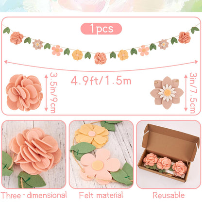 Handmade Felt Flower Garland, Flower Party Decorations, Pre-Strung Spring Garden Decorations for Girls Women Mom, Floral Birthday Party Decor