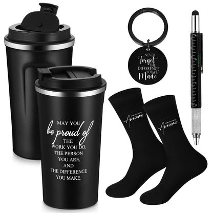 Gerrii Set of 4 Appreciation Gifts for Men Thank You Gifts for Male Coworker Employee Teacher Administrator 17 oz Stainless Steel Tumbler Inspirational Keychain Metal Pen Socks for Men(Classic, Black)