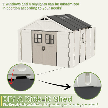 Greesum 10×10FT Plastic Outdoor Storage Shed with Floor and Lockable Door, Resin Sheds with Windows and Skylights, Organization for Garden, Lawn, Backyard, Beige