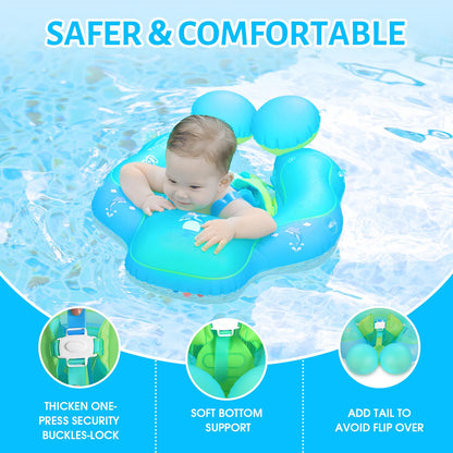 Upgraded No Flip Over Baby Pool Float, Baby Float with Canopy UPF50+, Inflatable with Double Air Chambers,Five Safety Protection Anti-flip Safe, Baby Swimming Float with 2 Tail for 6-36 Months(Blue L)