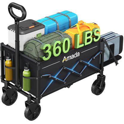 Small Wagon Cart Foldable, Collapsible Wagon with 360 LBS Max Load & Expandable Storage, 90L Foldable Grocery Cart with 2 Cup Holders for Outdoor, Garden, Camping &Groceries-Black