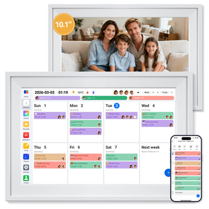 Yofidra 10.1" Digital Calendar, Smart Electronic Calendar with Chore Photo Meal Reward To-do Chart, Desk Planner for Family Schedule, Wifi Interactive Touchscreen Display with Stand, White