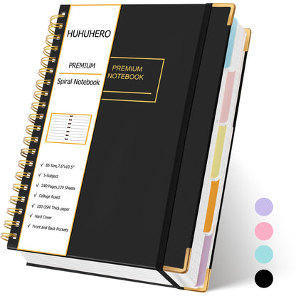 Huhuhero 5 Subject Notebook, 240 Pages Lined Spiral Journal College Ruled, 7.6" x 10.5” B5 Hardcover Journaling Notebooks for Work Note Taking, College School Supplies, Black