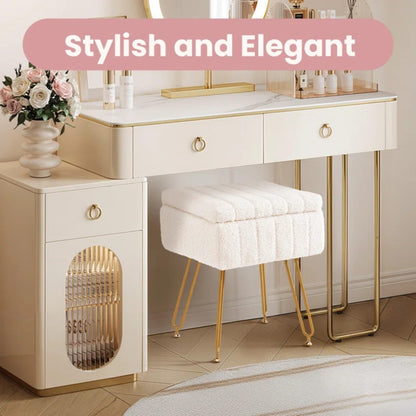 CLICKBIN 16" Teddy Fabric Storage Ottoman, Plush Vanity Stool with Hidden Storage for Bedroom, Living Room, Beige
