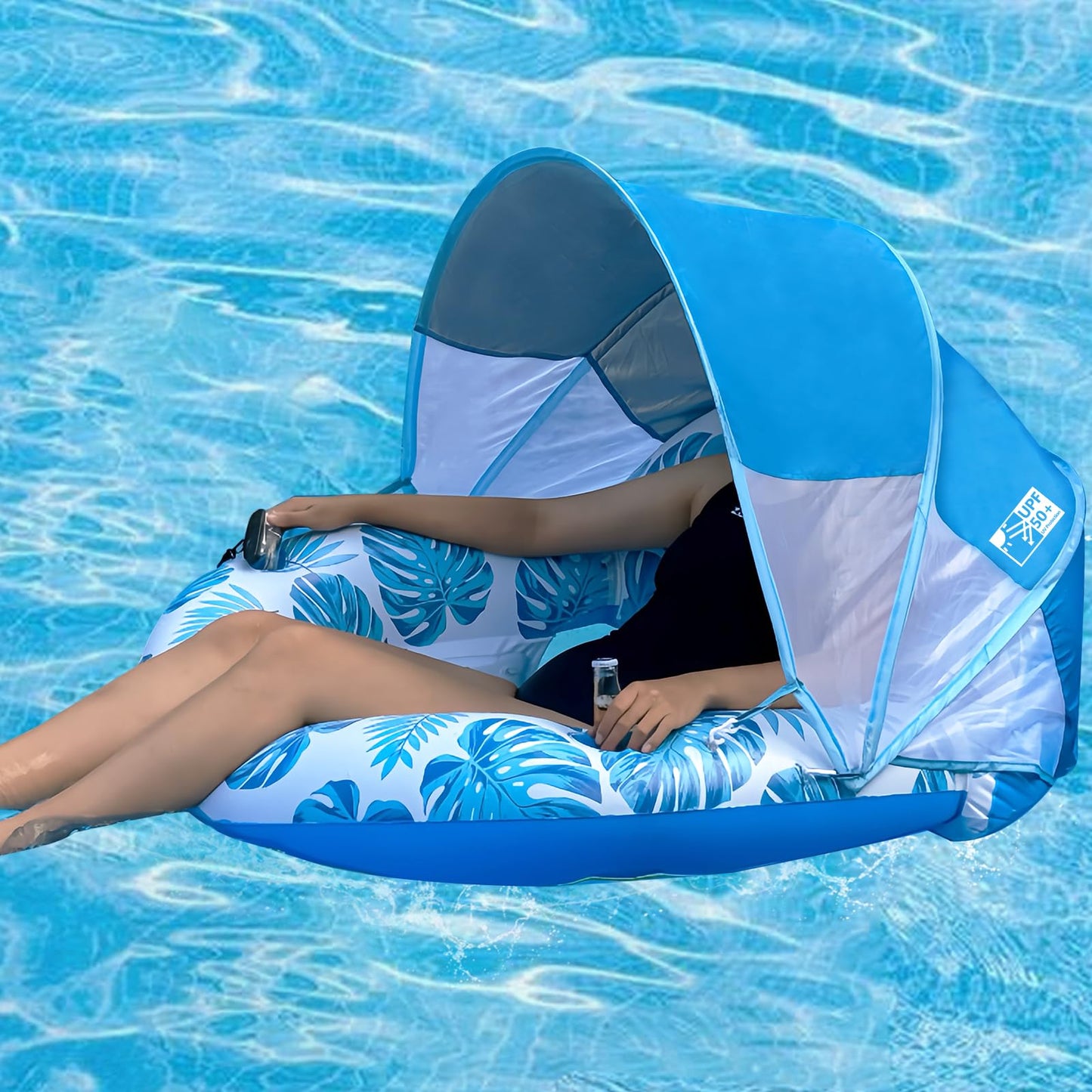 COOLCOOLDEE New Upgraded Pool Chair Float with Shade,XL Pool Floats for Adults Heavy Duty,Inflatable Pool Chair Lounge Float with Cup Holder & Backrest for Pool,Lake,Beach