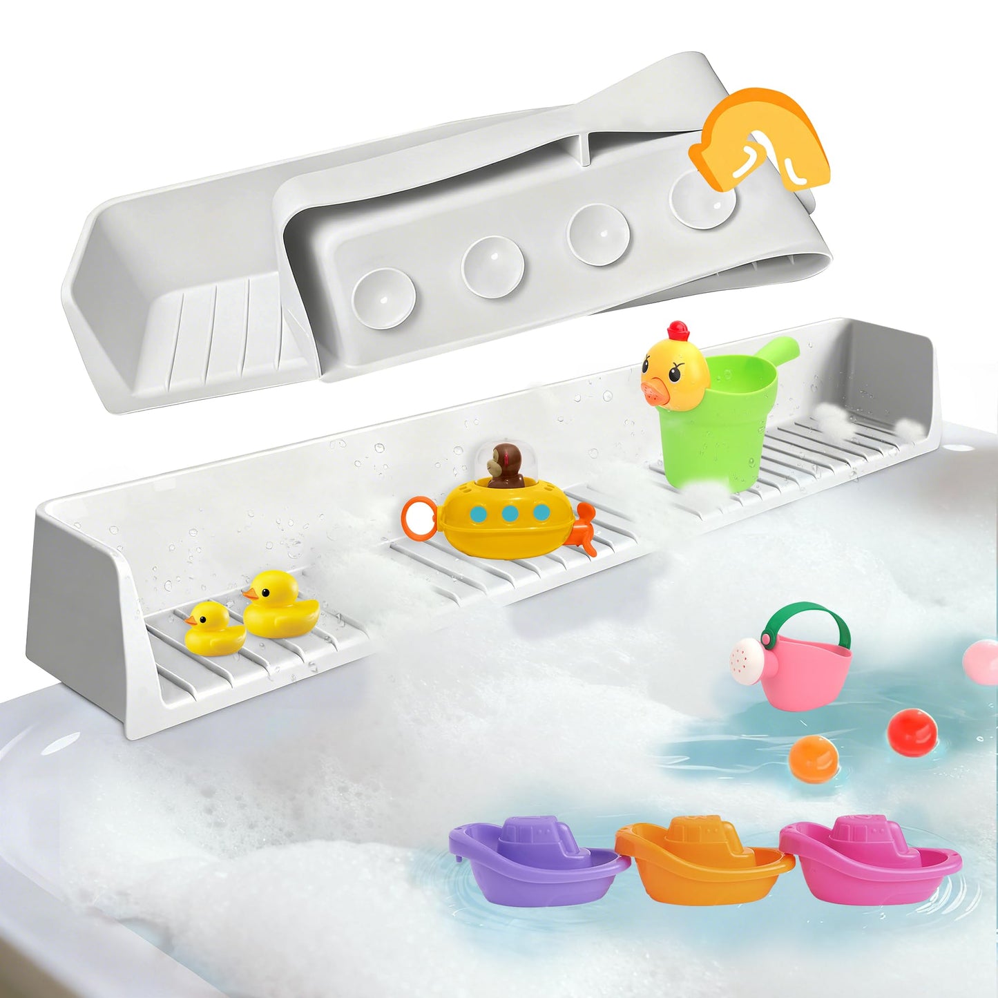2Pack Bathtub Splash Guard for Kids Adult - 31IN Silicone Bath Tray Shelf for Tub with 11 Suction Cups, Bath Tub Play Shelf for Kids & Toy Holder, Bathtub Accessories Prevent Water Spill in Bathroom