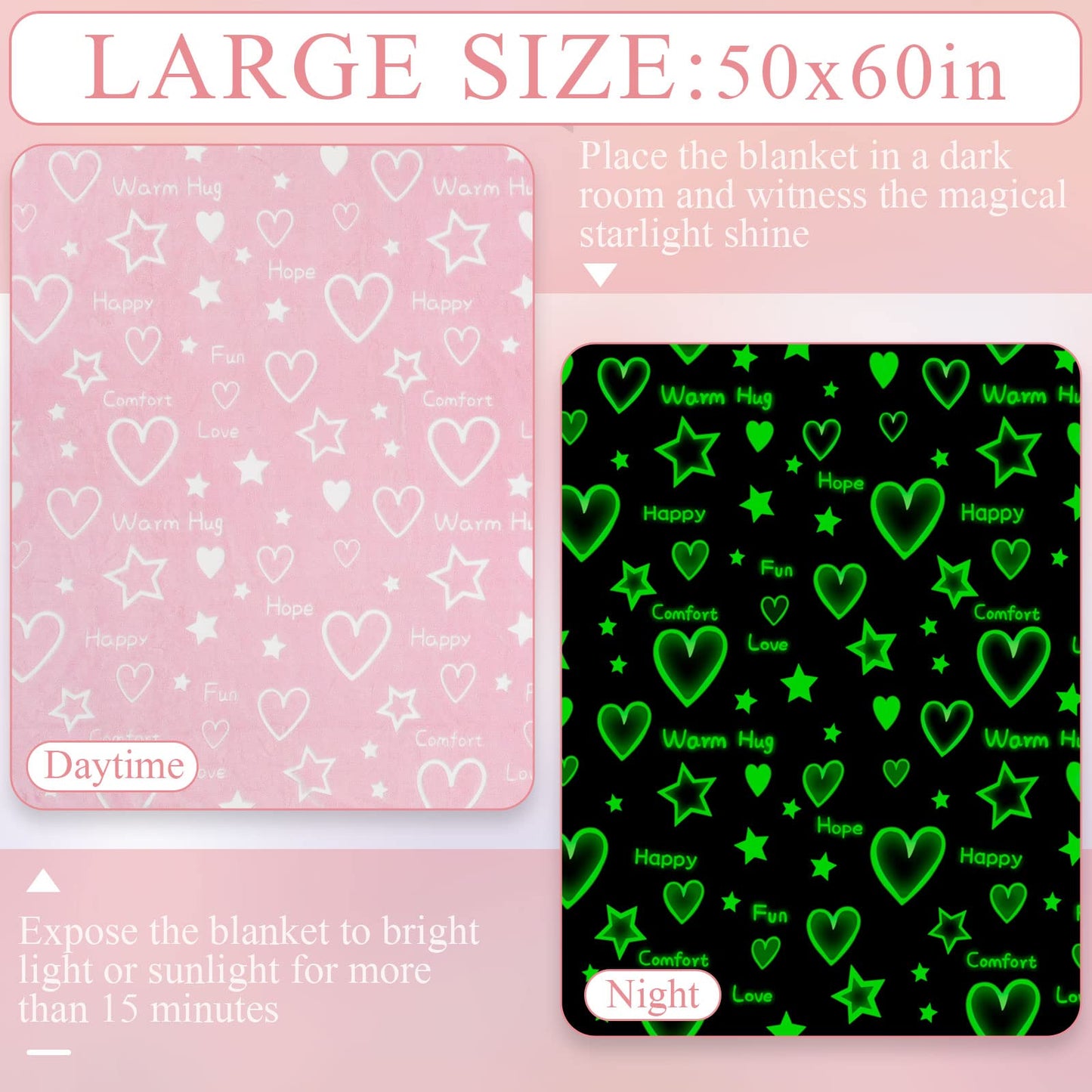 Goodhipi Glow in The Dark Heart Stars Blanket, Gifts for Girls Women Mom,Soft Warm Cozy Pink Blanket for Girls,Gifts for Mothers Day Kids Birthday Gifts Presents Kids 3-12 Age,50"x 60"