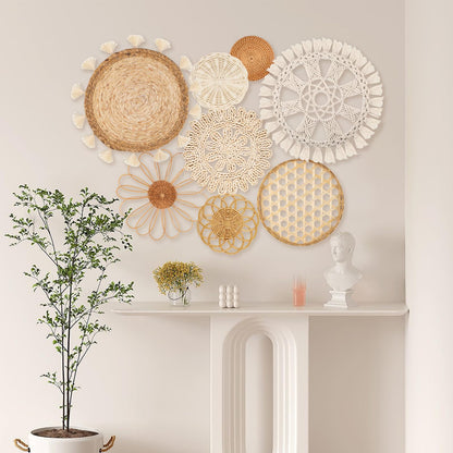 Boho Wall Basket Decor Set of 8 - Flat Woven Basket Wall Hanging Decor,Round Tassels White Macrame Tapestry Wall Decor Art,Handmade Rattan Wicker Seagrass Home Wall Baskets Decor（Boho Classic)