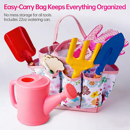 Kids Gardening Set - Gardening Tools for Kids includes Watering Can, Shovel, Rake, Gloves, Waterproof Apron and Garden Tote Bag, Children Garden Tool Outdoor Toys Gifts for Boys Girls Age 3 4 5 6 7 8