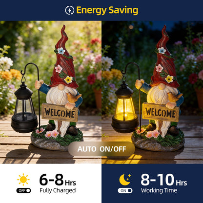 Garden Decor Gnomes Outdoor Statue with Solar Lights-Solar Garden Gnomes Decorations for Patio Lawn Yard Balcony with Lantern,Welcome Sign with Butterfly Flower, Birthday Gifts for Women Mom Grandma