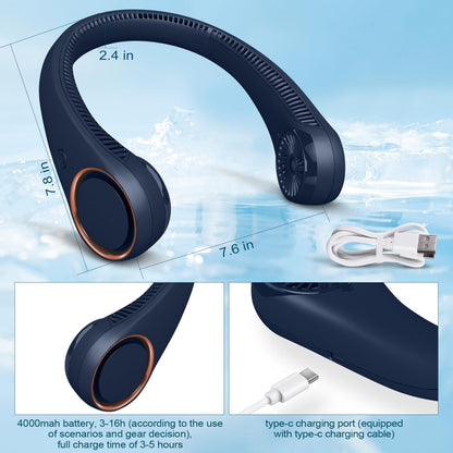 CIVPOWER Neck Fan: Portable Personal Neck Cooling Rechargeable Bladeless Fan - Hands Free 3 Speed 4000 mAh Battery USB Operated Wearable Headphone Design - Gift for Men Women Outdoor (Dark Blue)