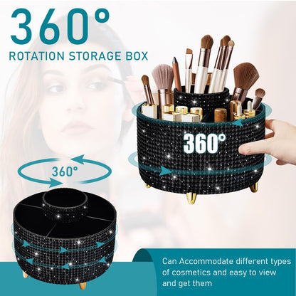 Diesisa Bling Diamond 360° Makeup Brush Holder Organizer, Rotating Makeup Brush Organizer,5 Slot Make up Brushes Cup for Cosmetics, Vanity Desktop Organizer, Gift for Women Teen Girls- Diamond Black