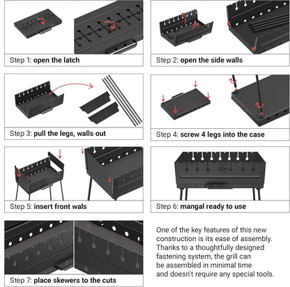 MHH Charcoal Grill for 8 Skewers - Portable Barbecue 16.9""×11.8""×16.9"" Kabob Camp Grills - Foldable Metal Mangal - Kebab Shish - BBQ for EDC Picnic Outdoor Cooking (Skewers Not Included)