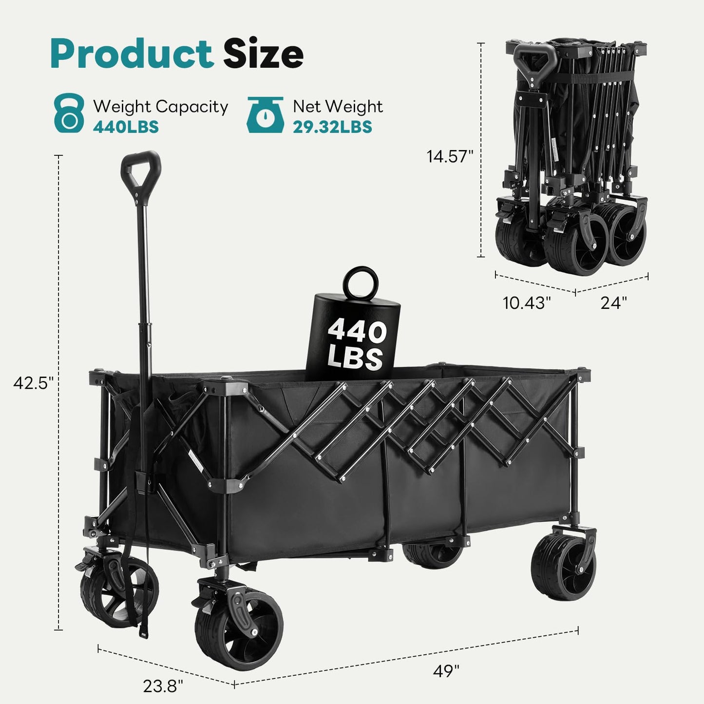NEWBULIG Wagon Carts Foldable - 440LB Extra-Long Heavy-Duty Collapsible Wagon with All-Terrain Wheels, Portable Storage Shopping Cart for Groceries, Camping, Sports, Beach, Garden