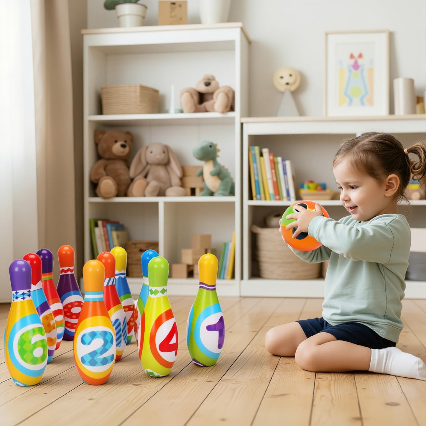 Kids Bowling Set 2-5 Toddler Indoor Bowling Game Outdoor Toy Gift for 1 2 3 4 Year Old Boys Girls Soft 10 Colorful Foam Bowling Pins 2 Bowling Ball Developmental Toddler Age 2-4 3-5 Easter Present